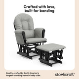 storkcraft hoop glider and ottoman black frame with light gray cushions quality crafted callout