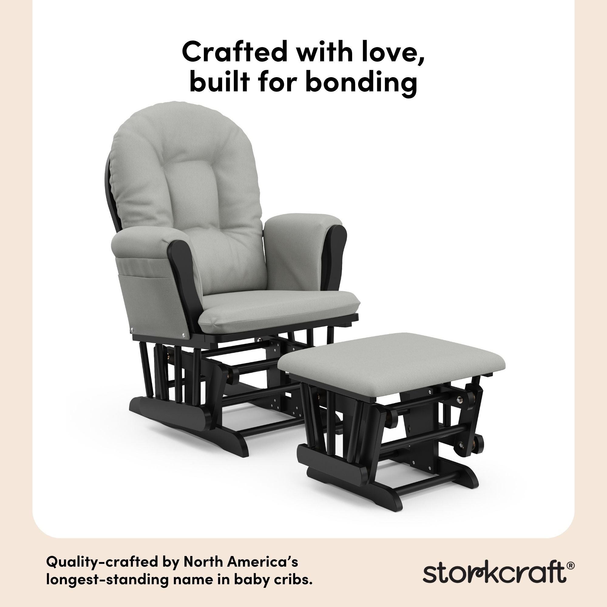 storkcraft hoop glider and ottoman black frame with light gray cushions quality crafted callout