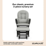 storkcraft hoop glider and ottoman black frame with light gray cushions 2-piece nursery set callout