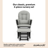 storkcraft hoop glider and ottoman black frame with light gray cushions 2-piece nursery set callout