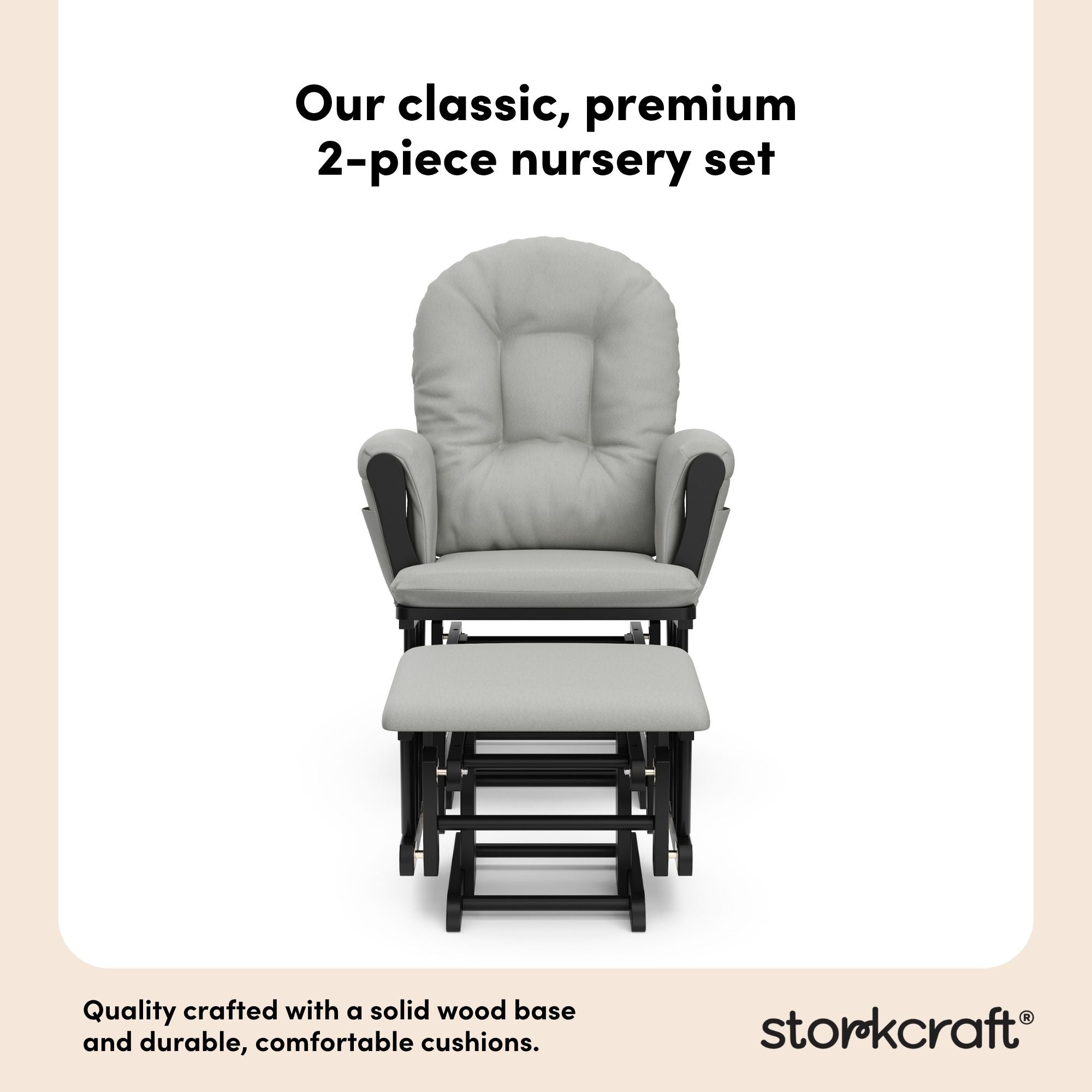 storkcraft hoop glider and ottoman black frame with light gray cushions 2-piece nursery set callout