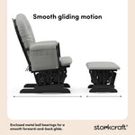 storkcraft hoop glider and ottoman black frame with light gray cushions smooth gliding motion callout