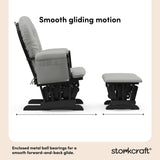 storkcraft hoop glider and ottoman black frame with light gray cushions smooth gliding motion callout