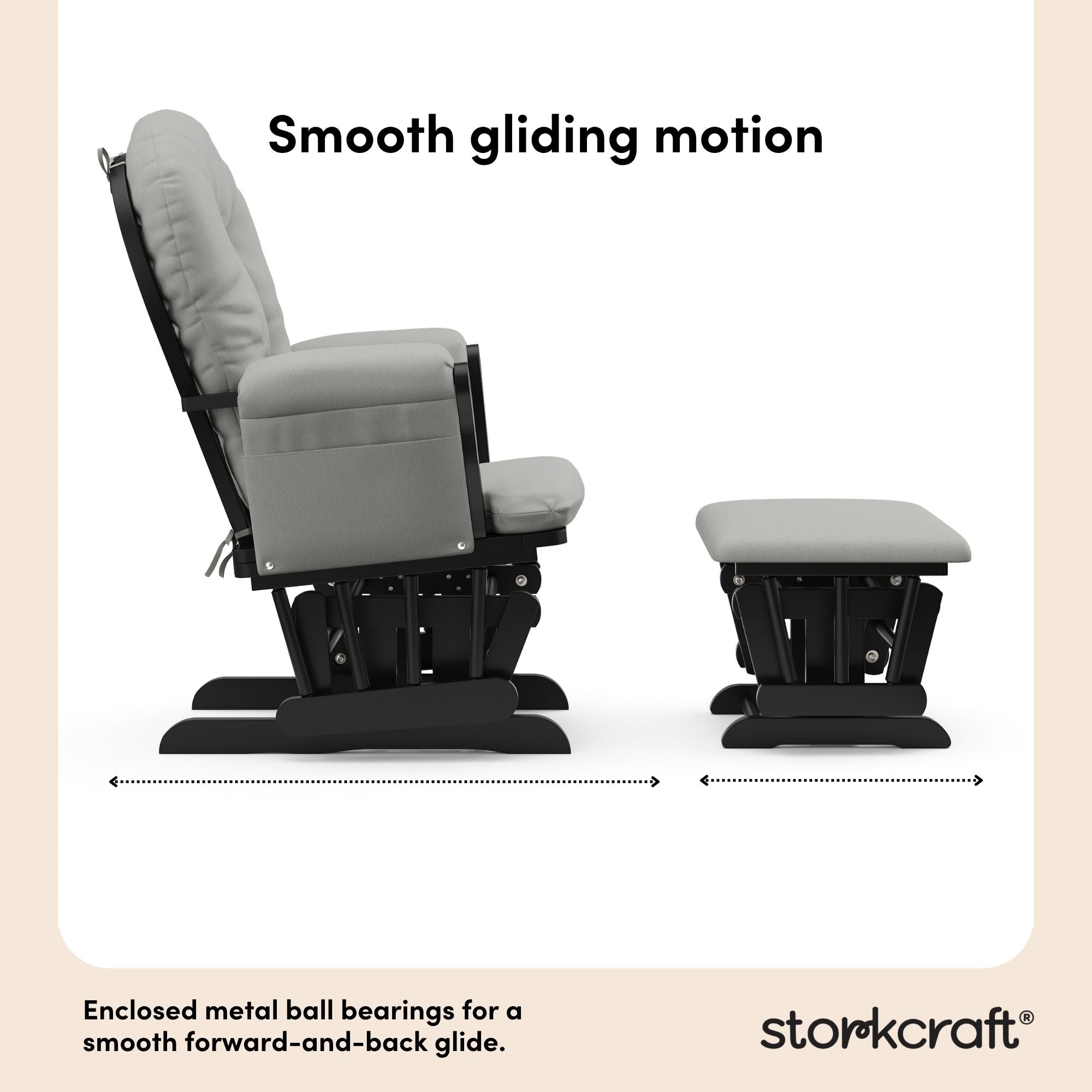 storkcraft hoop glider and ottoman black frame with light gray cushions smooth gliding motion callout