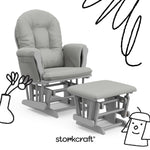 storkcraft hoop glider and ottoman pebble gray frame with light gray cushions with black doodles overlaid on image
