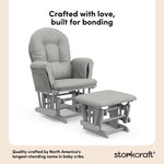 storkcraft hoop glider and ottoman pebble gray frame with light gray cushions quality crafted callout