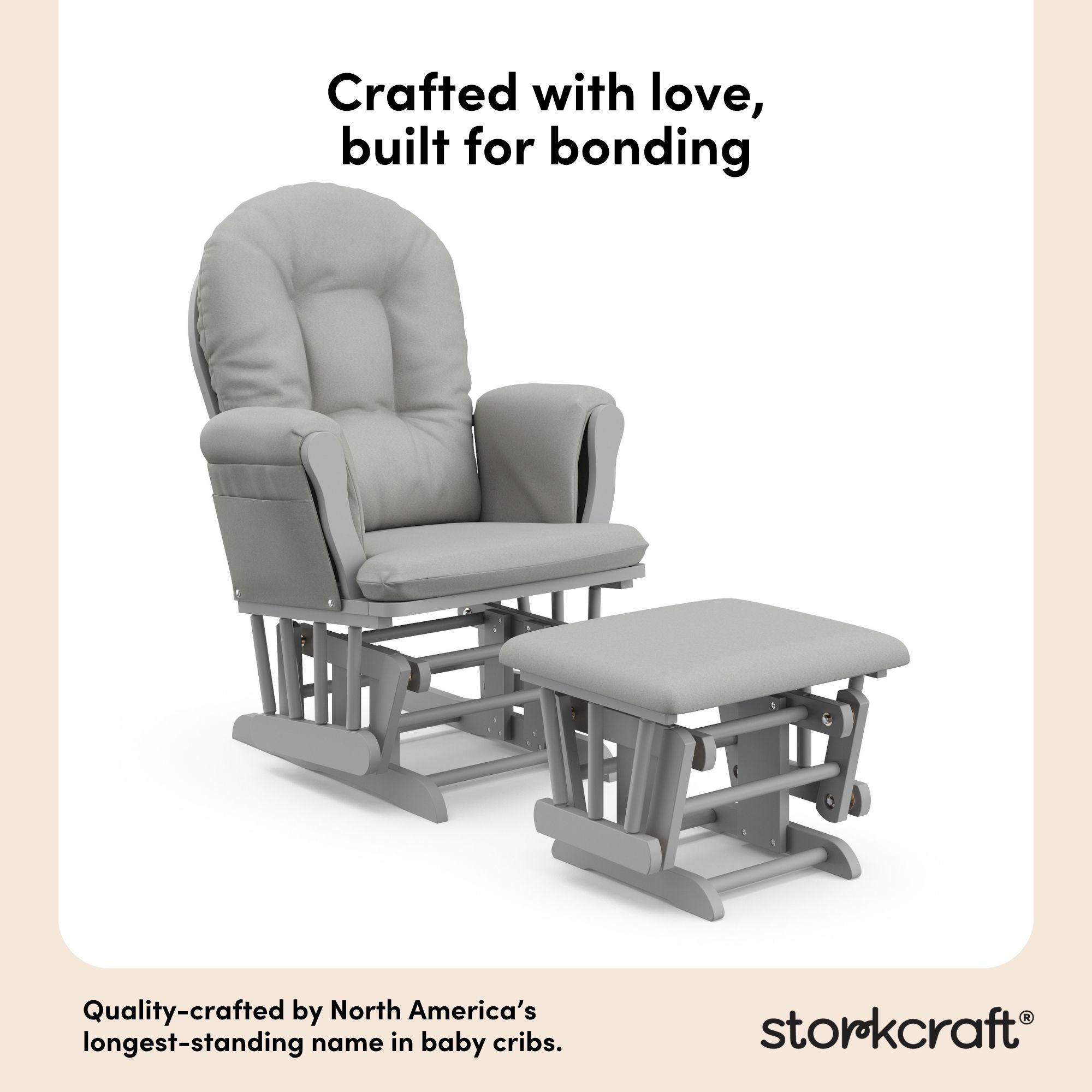 storkcraft hoop glider and ottoman pebble gray frame with light gray cushions quality crafted callout
