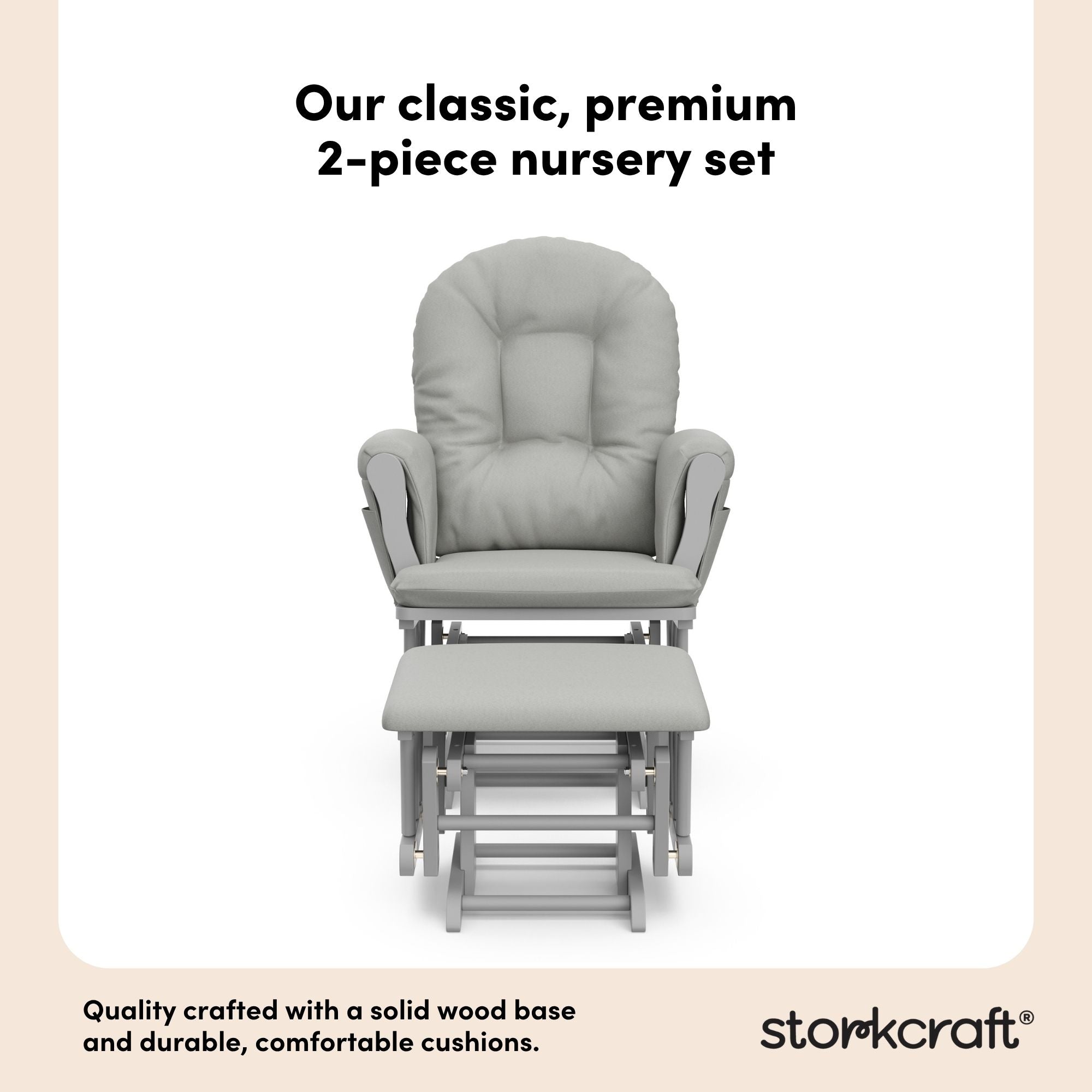 storkcraft hoop glider and ottoman pebble gray frame with light gray cushions 2-piece nursery set callout