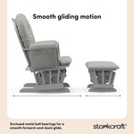 storkcraft hoop glider and ottoman pebble gray frame with light gray cushions smooth gliding motion callout