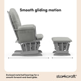 storkcraft hoop glider and ottoman pebble gray frame with light gray cushions smooth gliding motion callout