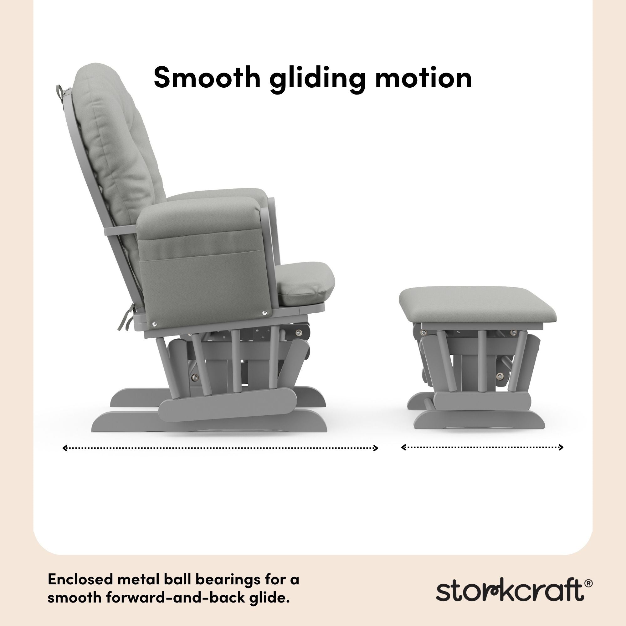 storkcraft hoop glider and ottoman pebble gray frame with light gray cushions smooth gliding motion callout