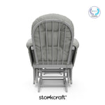 storkcraft hoop glider and ottoman pebble gray frame with light gray cushions with PTPA logo on top right
