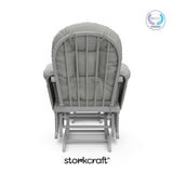 storkcraft hoop glider and ottoman pebble gray frame with light gray cushions with PTPA logo on top right