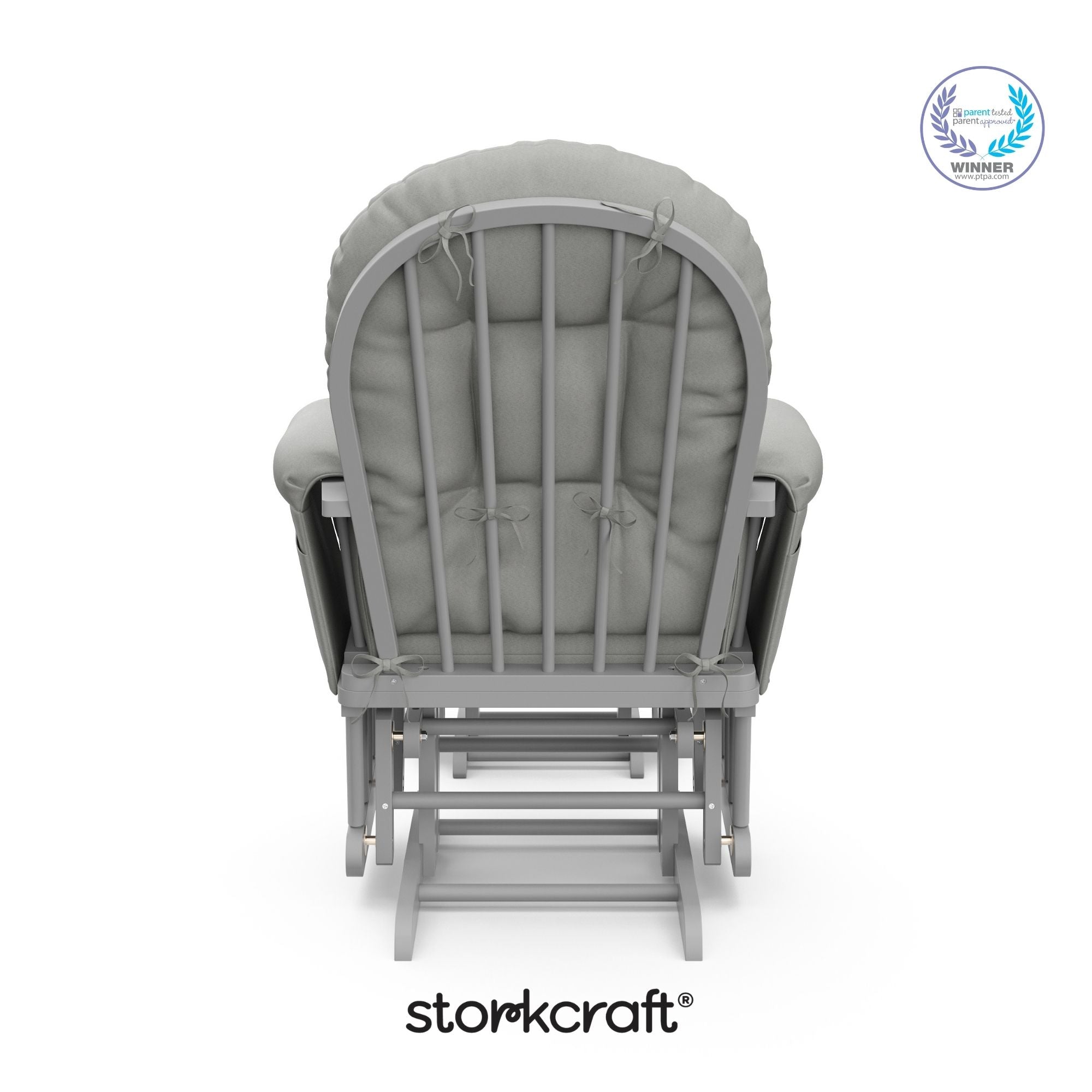 storkcraft hoop glider and ottoman pebble gray frame with light gray cushions with PTPA logo on top right