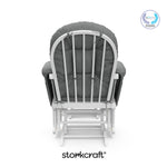 hoop glider white base with gray cushions and ottoman back view with PTPA logo on top right