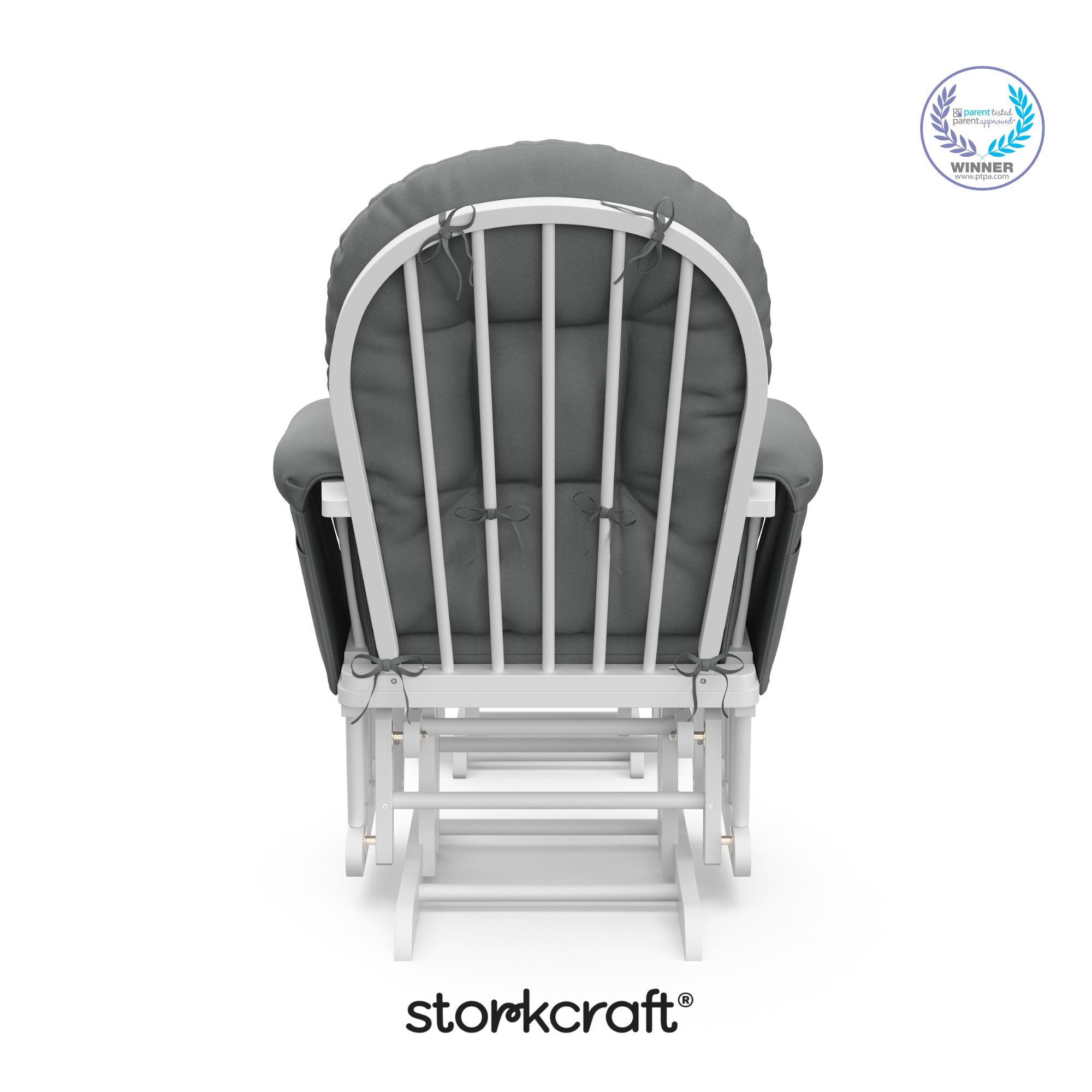 hoop glider white base with gray cushions and ottoman back view with PTPA logo on top right