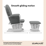 hoop glider white base with gray cushions and ottoman side view smooth gliding motion callout 