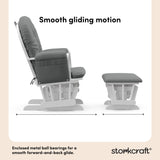 hoop glider white base with gray cushions and ottoman side view smooth gliding motion callout 