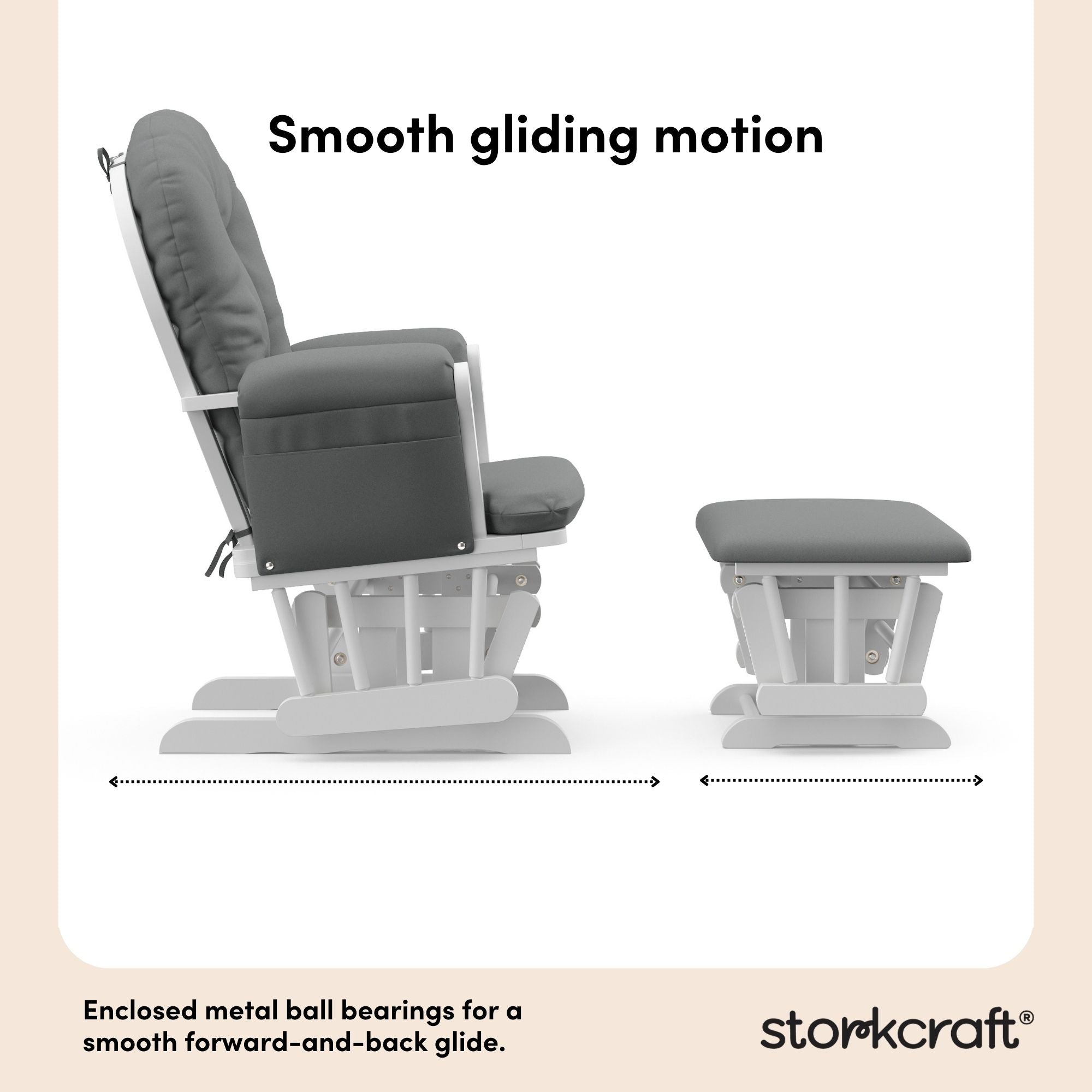 hoop glider white base with gray cushions and ottoman side view smooth gliding motion callout 