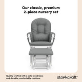 hoop glider white base with gray cushions and ottoman front view 2-piece nursery set callout