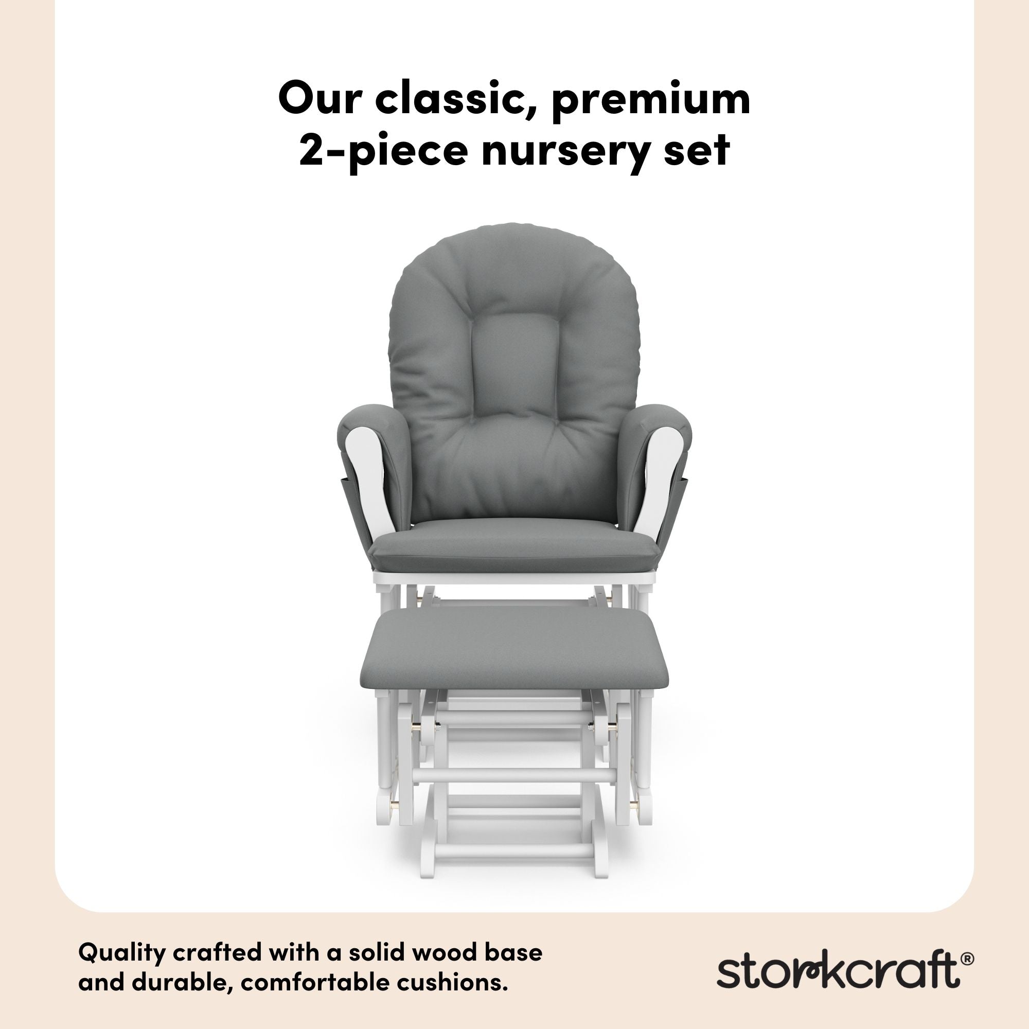 hoop glider white base with gray cushions and ottoman front view 2-piece nursery set callout