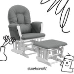 hoop glider white base with gray cushions and ottoman angle view with black cartoon drawings overlaid on image