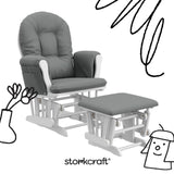 hoop glider white base with gray cushions and ottoman angle view with black cartoon drawings overlaid on image