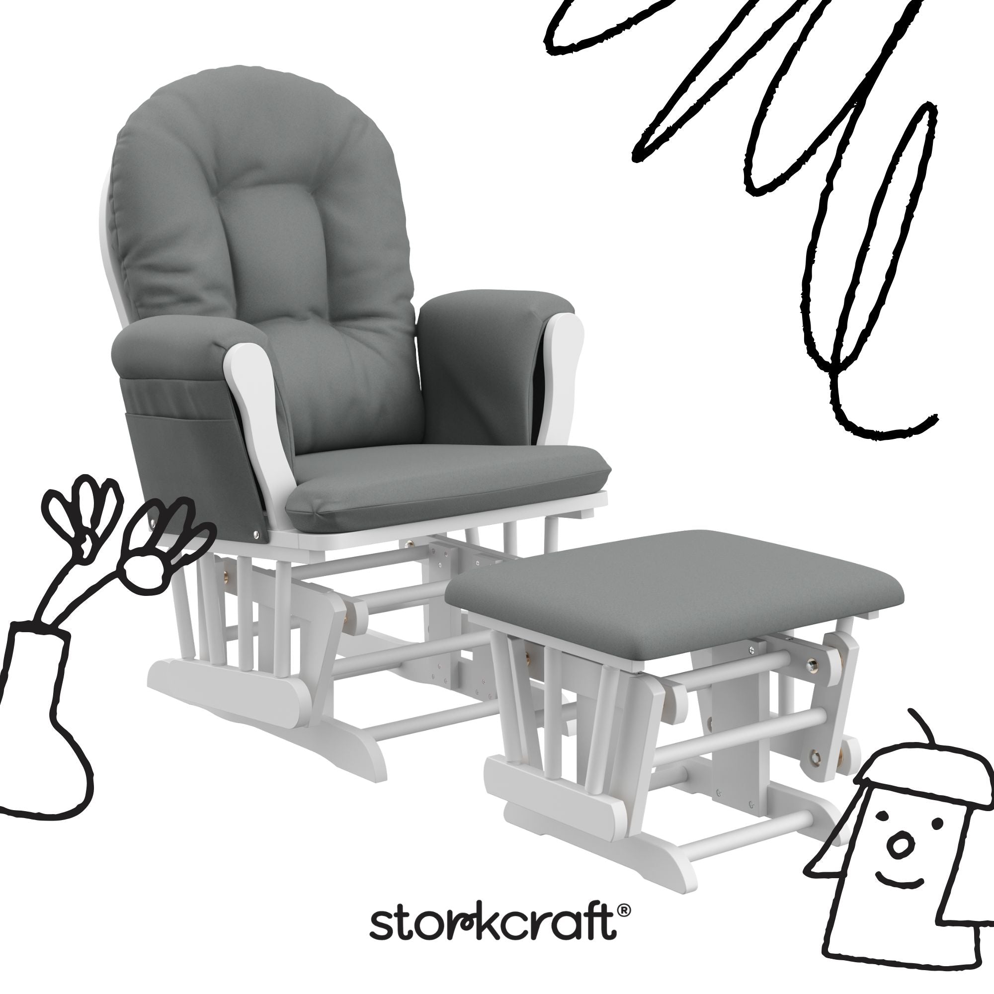 hoop glider white base with gray cushions and ottoman angle view with black cartoon drawings overlaid on image