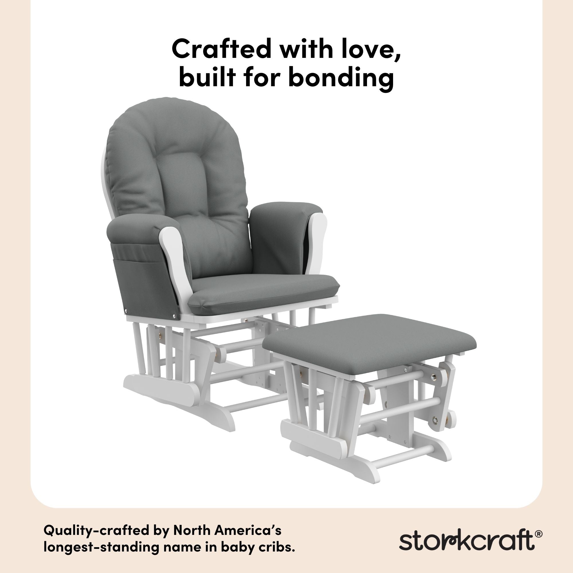 hoop glider white base with gray cushions and ottoman angle view quality craftsmanship callout