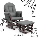 storkcraft hoop glider and ottoman espresso frame with gray cushions with black doodles overlaid on image