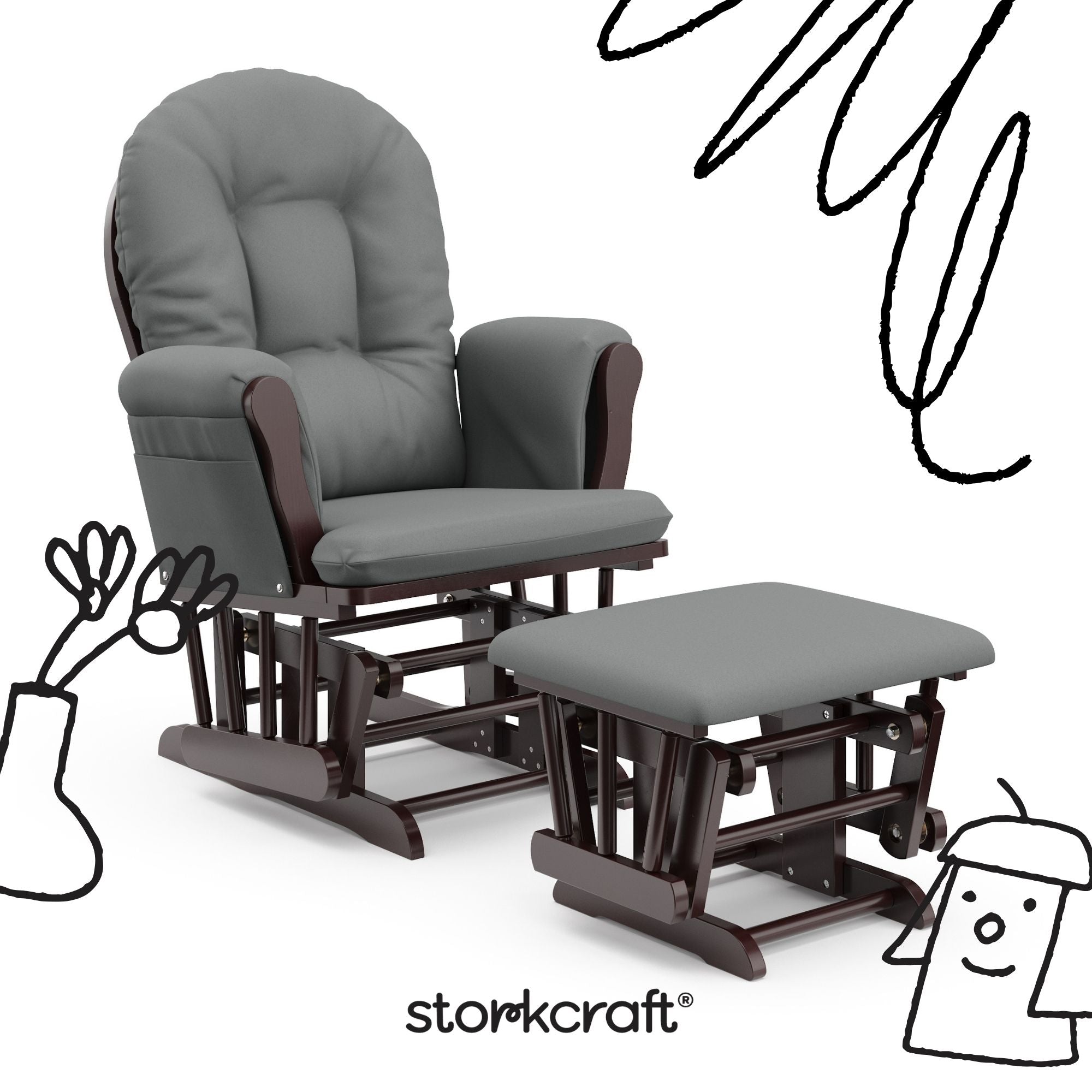 storkcraft hoop glider and ottoman espresso frame with gray cushions with black doodles overlaid on image