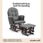 storkcraft hoop glider and ottoman espresso frame with gray cushions quality crafted callout