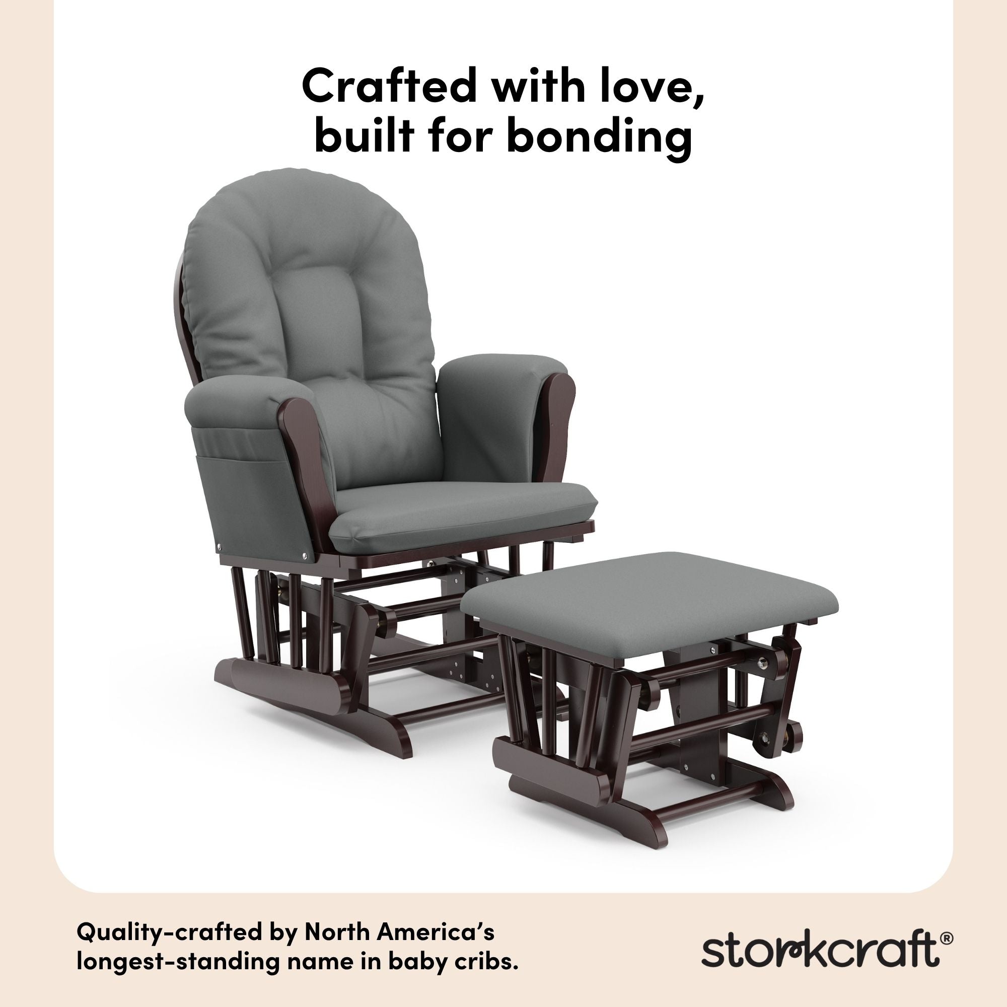 storkcraft hoop glider and ottoman espresso frame with gray cushions quality crafted callout