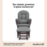 storkcraft hoop glider and ottoman espresso frame with gray cushions 2-piece nursery set callout