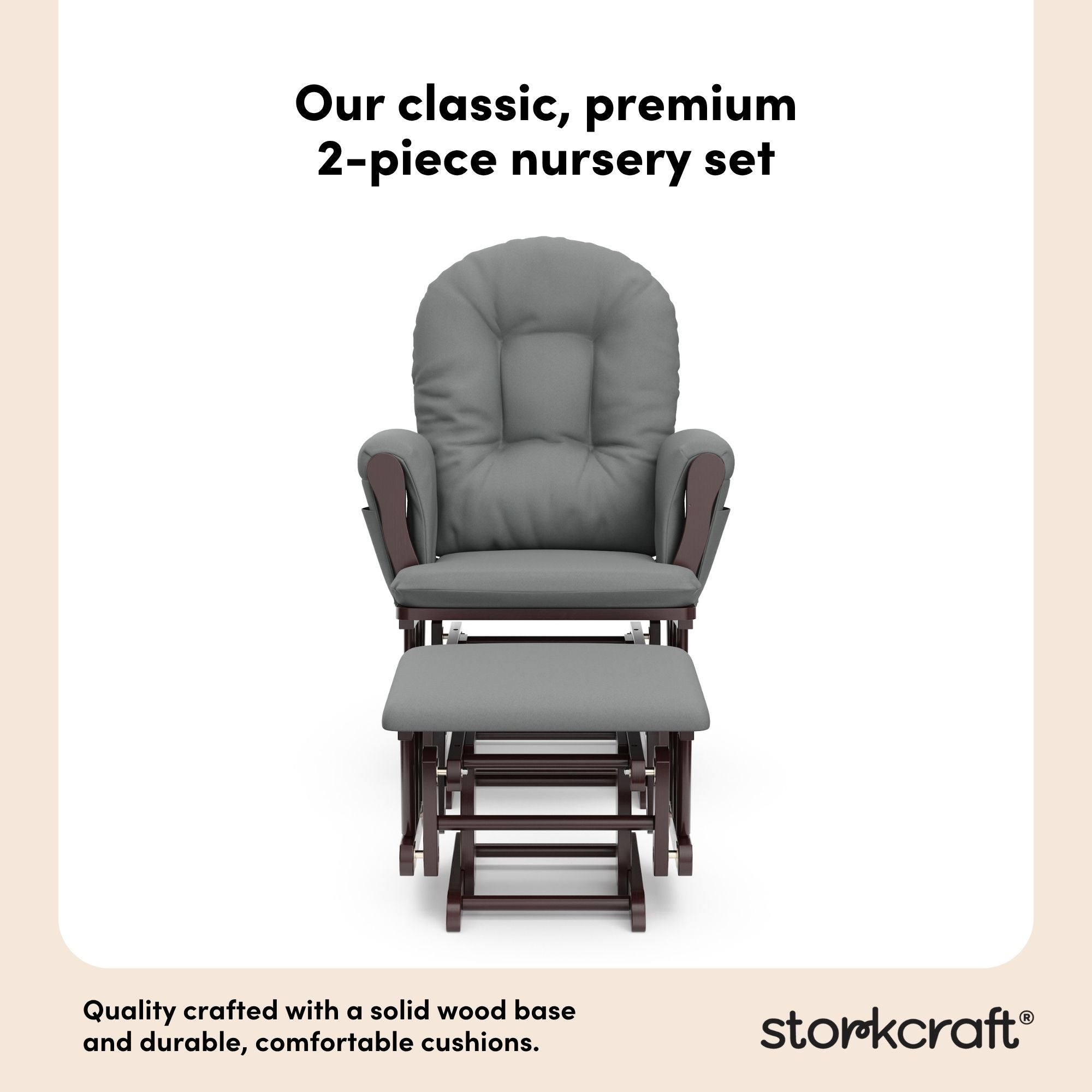 storkcraft hoop glider and ottoman espresso frame with gray cushions 2-piece nursery set callout