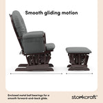 storkcraft hoop glider and ottoman espresso frame with gray cushions smooth gliding motion callout