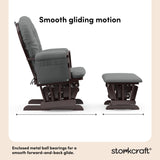 storkcraft hoop glider and ottoman espresso frame with gray cushions smooth gliding motion callout
