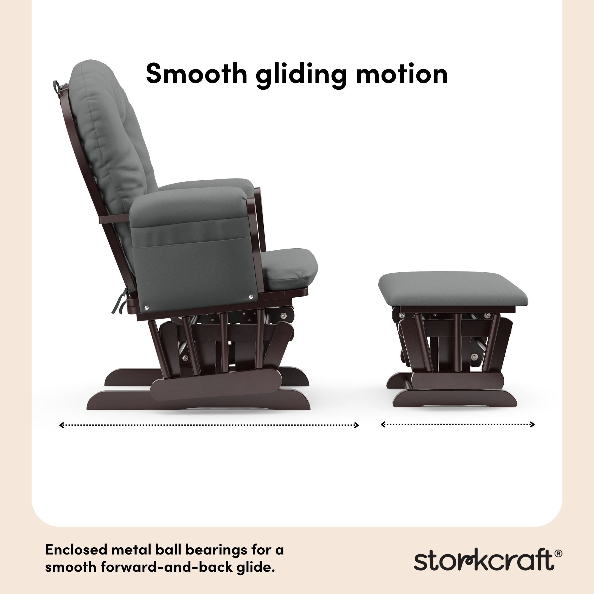storkcraft hoop glider and ottoman espresso frame with gray cushions smooth gliding motion callout