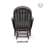 storkcraft hoop glider and ottoman espresso frame with gray cushions with PTPA logo on top right