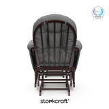 storkcraft hoop glider and ottoman espresso frame with gray cushions with PTPA logo on top right