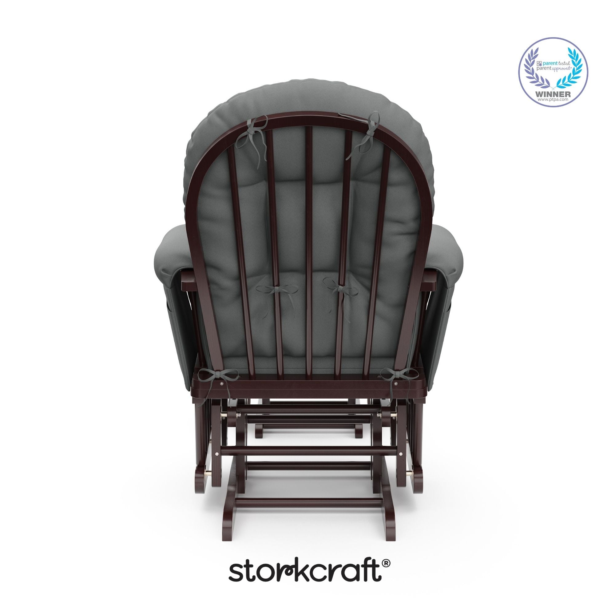 storkcraft hoop glider and ottoman espresso frame with gray cushions with PTPA logo on top right