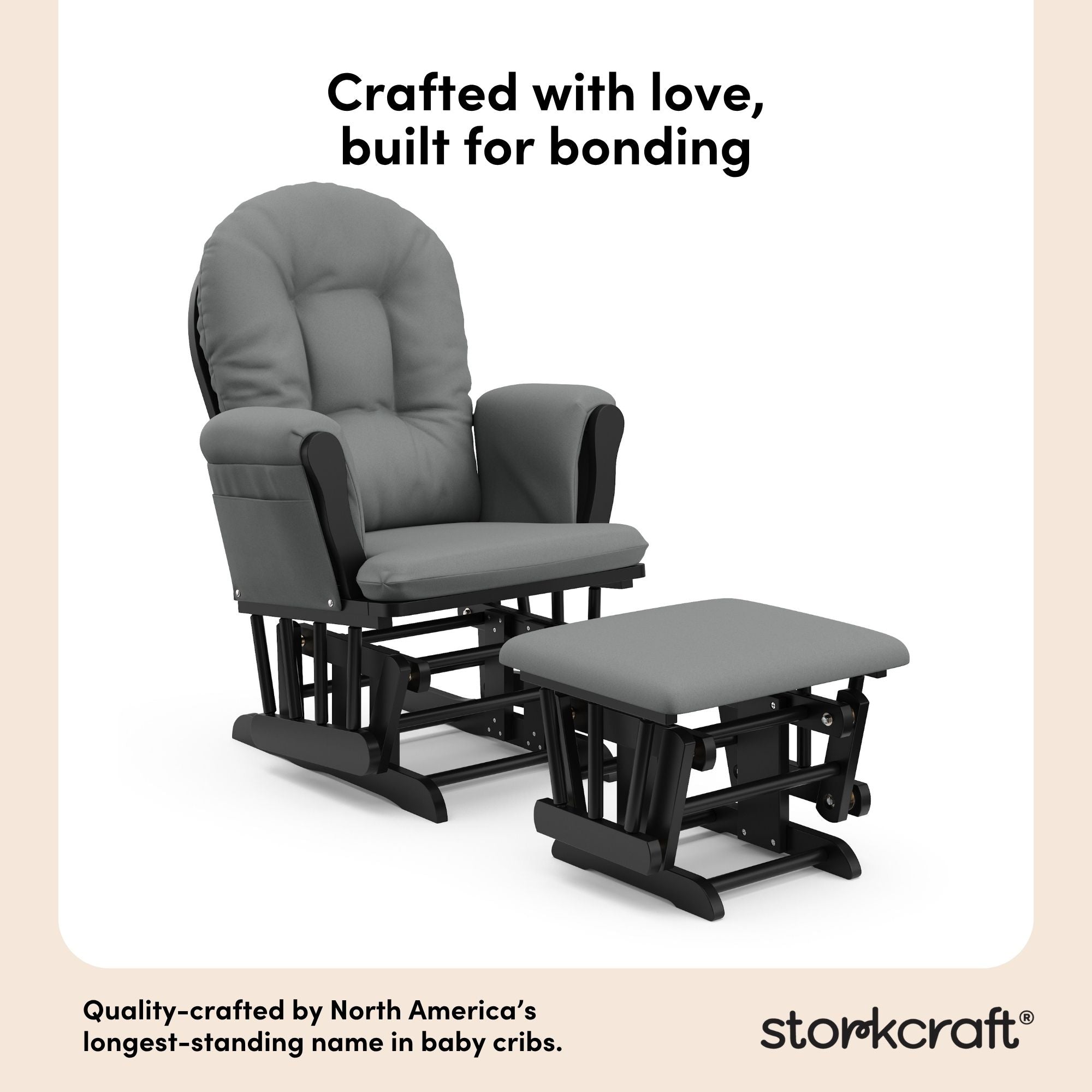 storkcraft hoop glider and ottoman black with gray cushions quality crafted callout