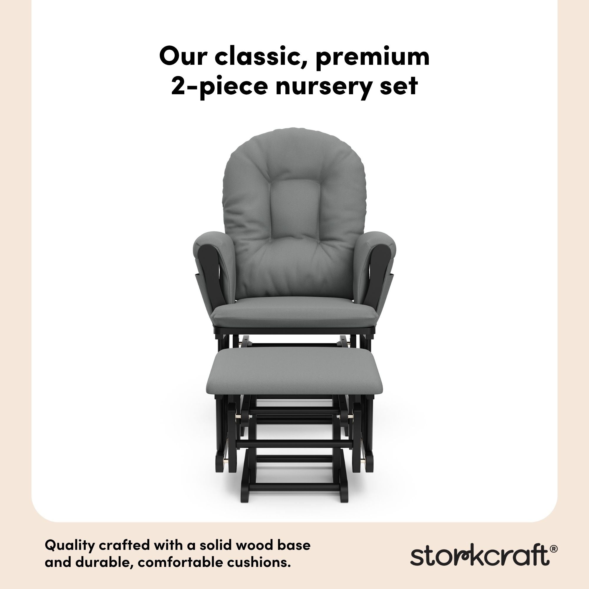 storkcraft hoop glider and ottoman black with gray cushions 2-piece nursery set callout