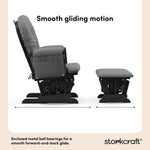 storkcraft hoop glider and ottoman black with gray cushions smooth gliding motion callout
