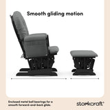 storkcraft hoop glider and ottoman black with gray cushions smooth gliding motion callout