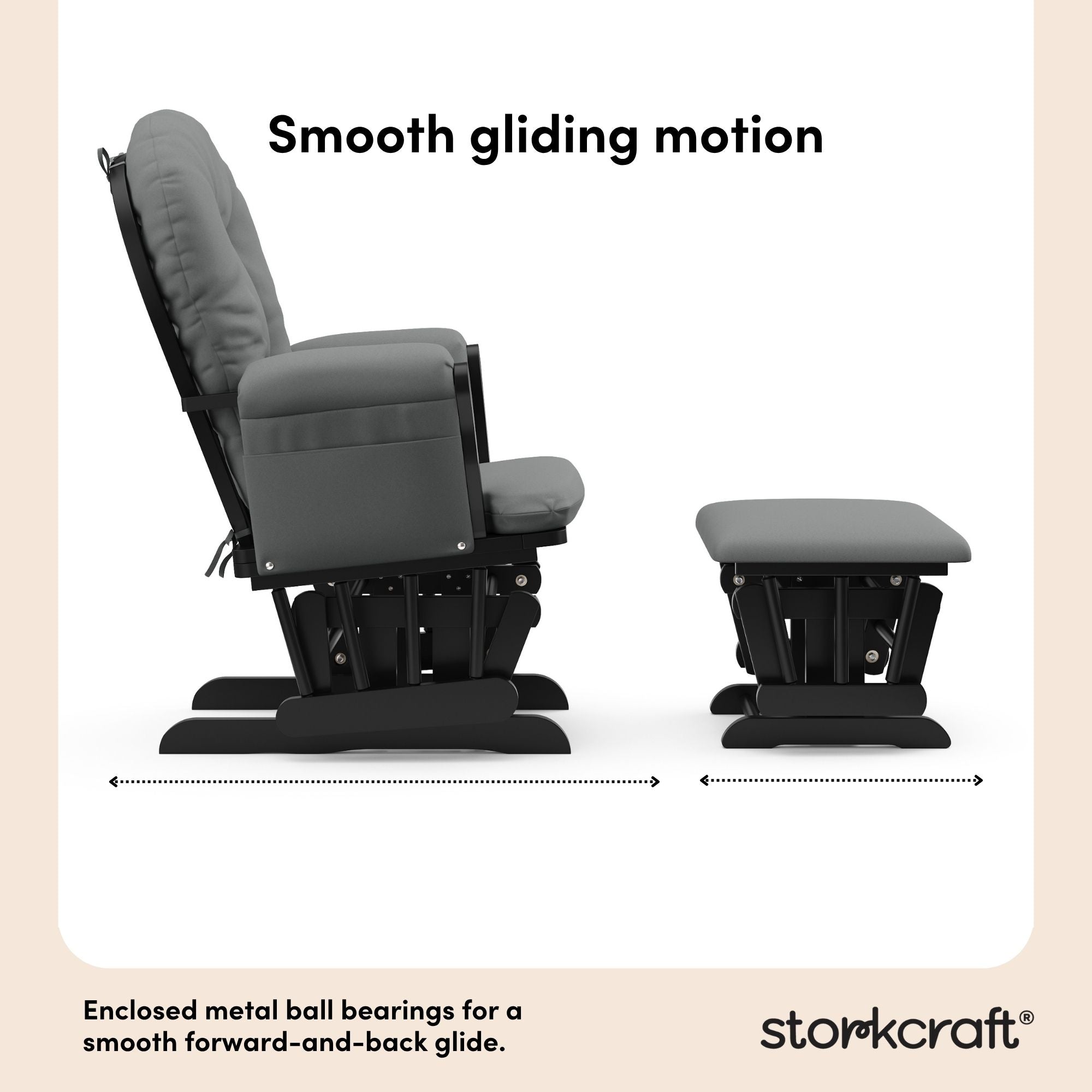 storkcraft hoop glider and ottoman black with gray cushions smooth gliding motion callout