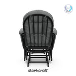 storkcraft hoop glider and ottoman black with gray cushions with PTPA logo on top right