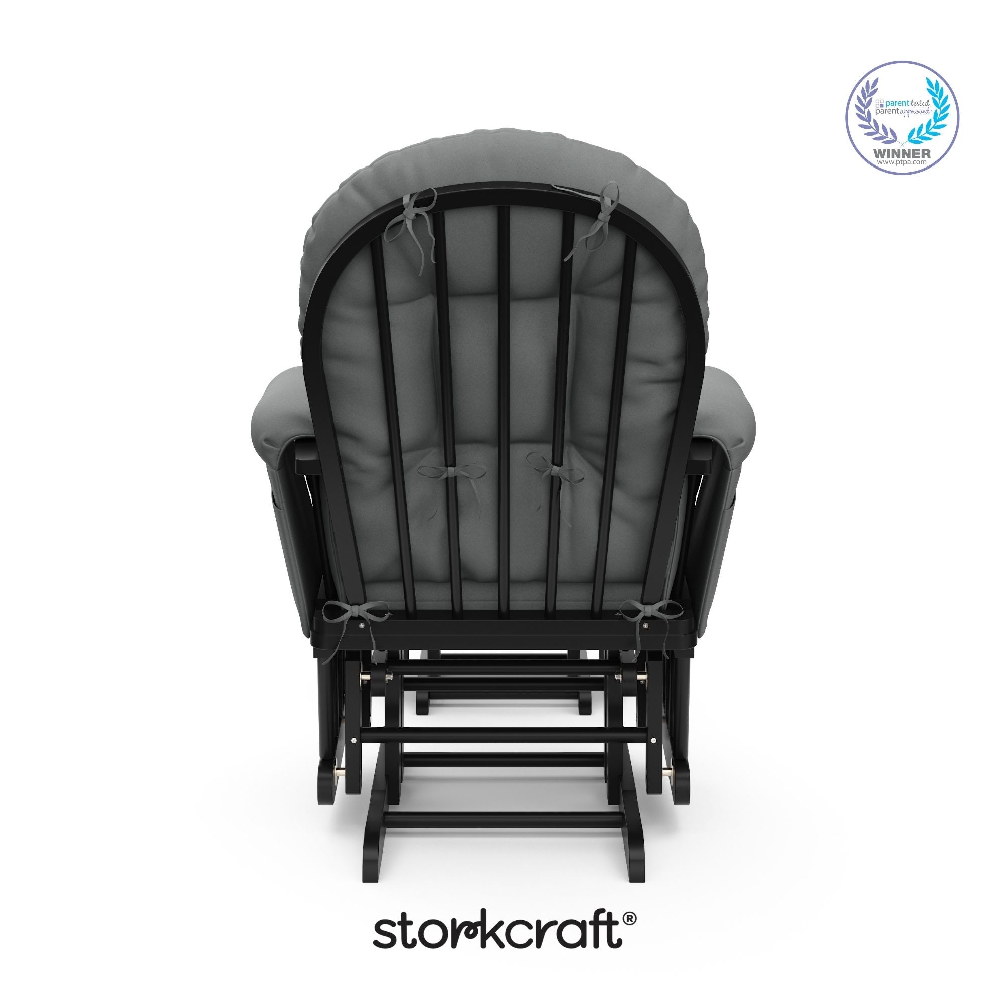 storkcraft hoop glider and ottoman black with gray cushions with PTPA logo on top right