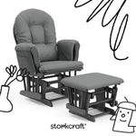 storkcraft hoop glider and ottoman gray frame with gray cushions with black doodles overlaid on image