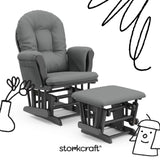 storkcraft hoop glider and ottoman gray frame with gray cushions with black doodles overlaid on image